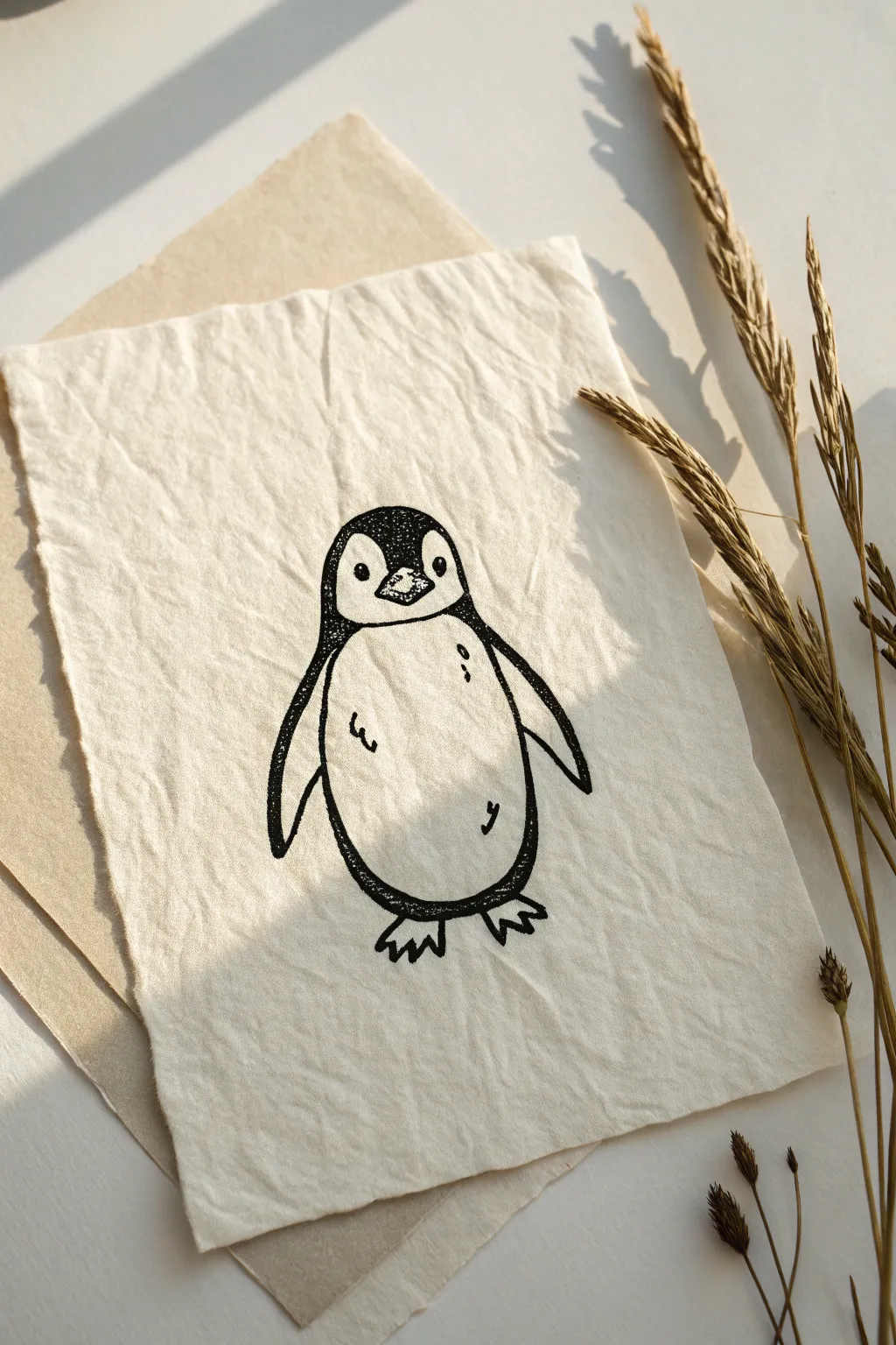 Classic front-facing penguin line drawing idea, minimalist and cute for beginner sketching.