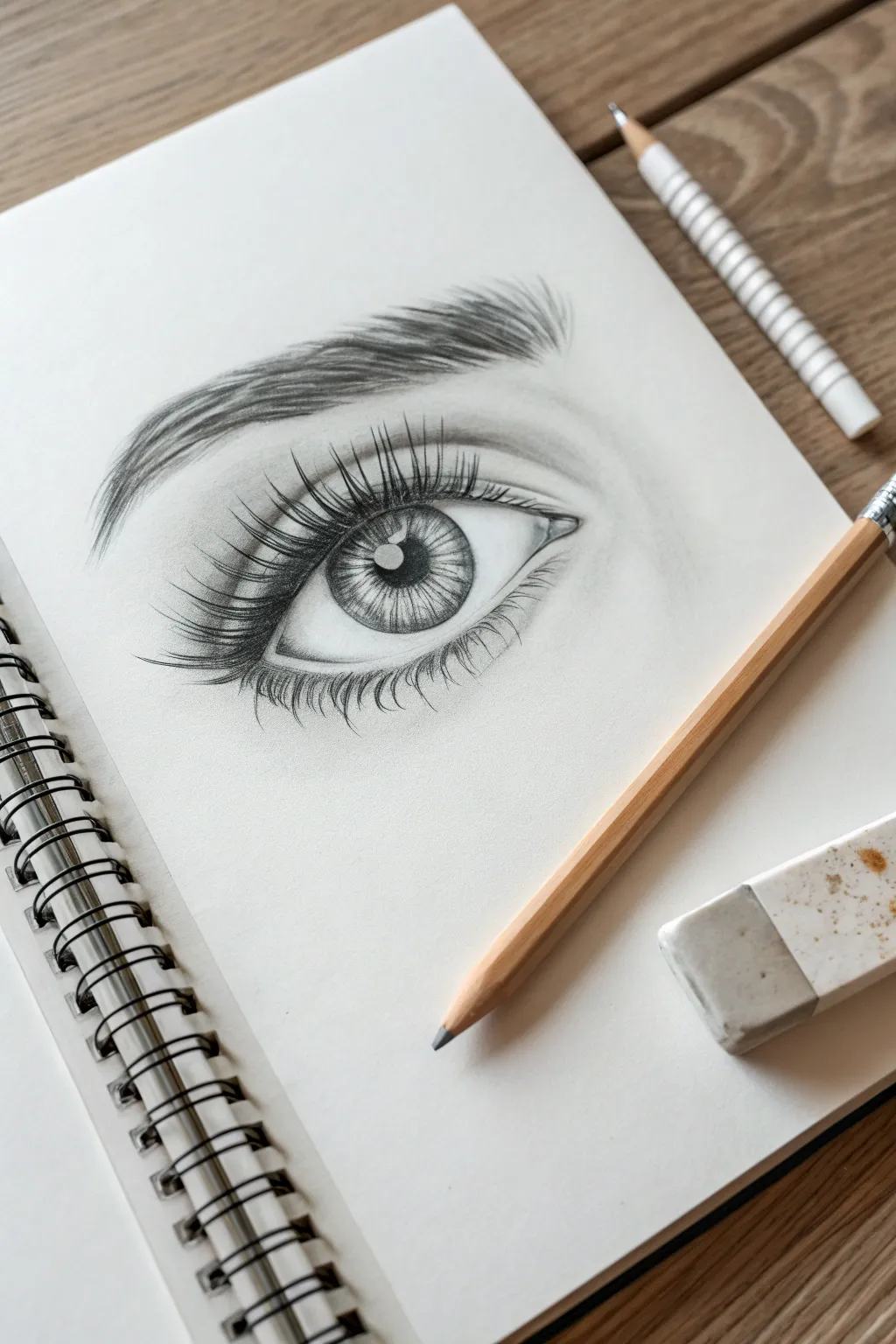 Realistic pencil eye study with bright catchlight and soft shading, minimal Scandinavian mood.