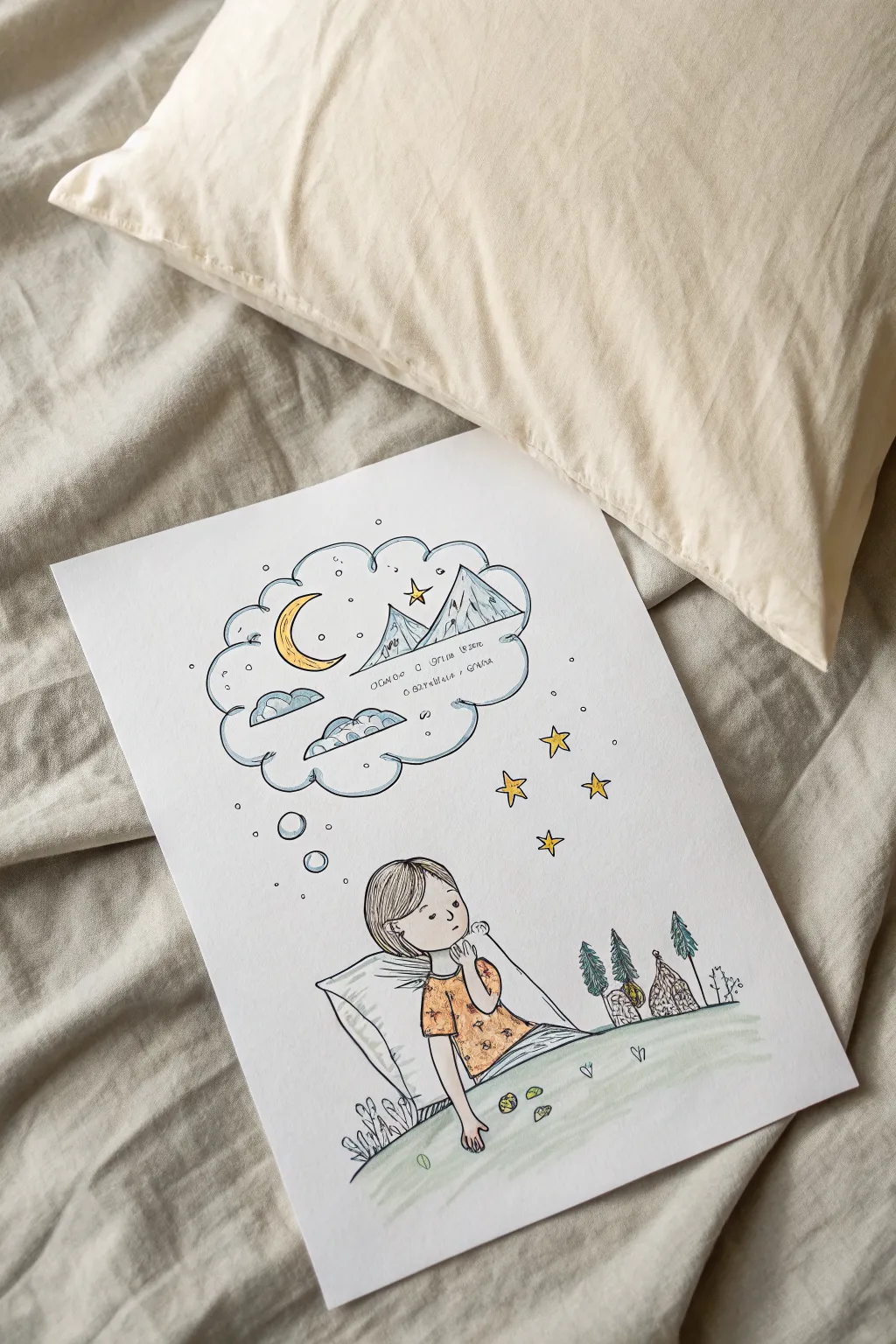 A calm sleeper under a dreamy thought cloud world, minimalist Scandinavian lines with boho warmth.