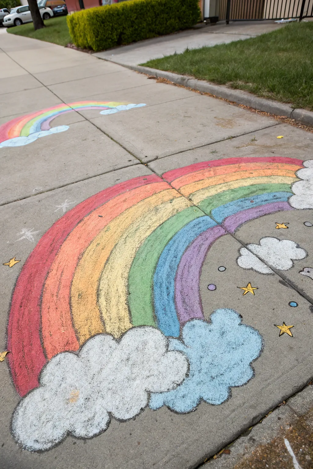 Classic chunky chalk rainbow with soft cloud puffs, juicy blended bands on neutral pavement
