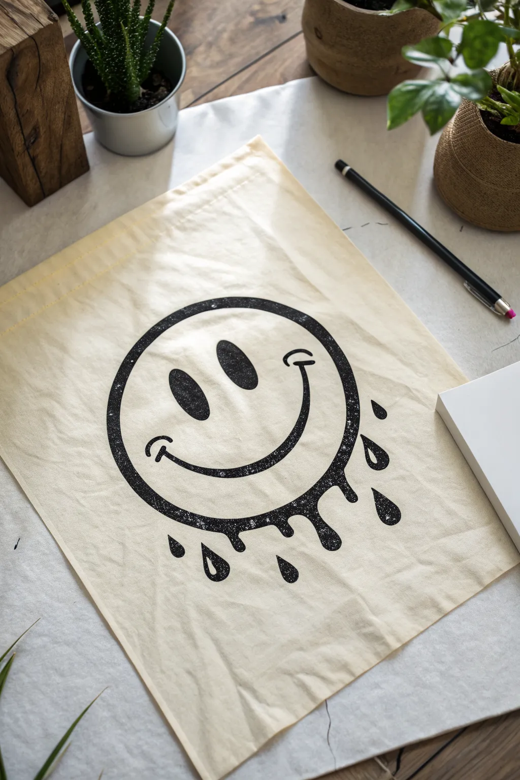 Minimal drippy smiley icon in bold ink, perfect for easy doodles with a modern boho feel