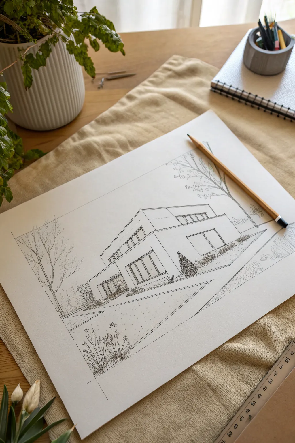 Learn two-point perspective with a boxy modern dream house sketch, clean guides and bold outlines.