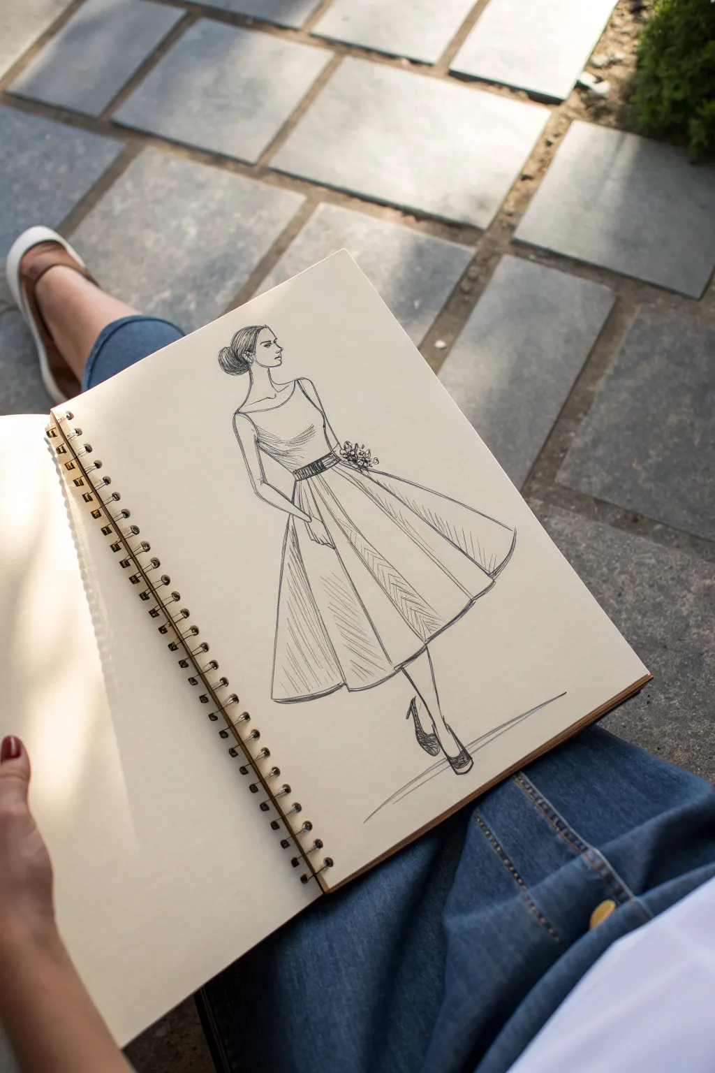 Classic A-line evening dress sketch with clean lines, fitted bodice, and softly flared skirt