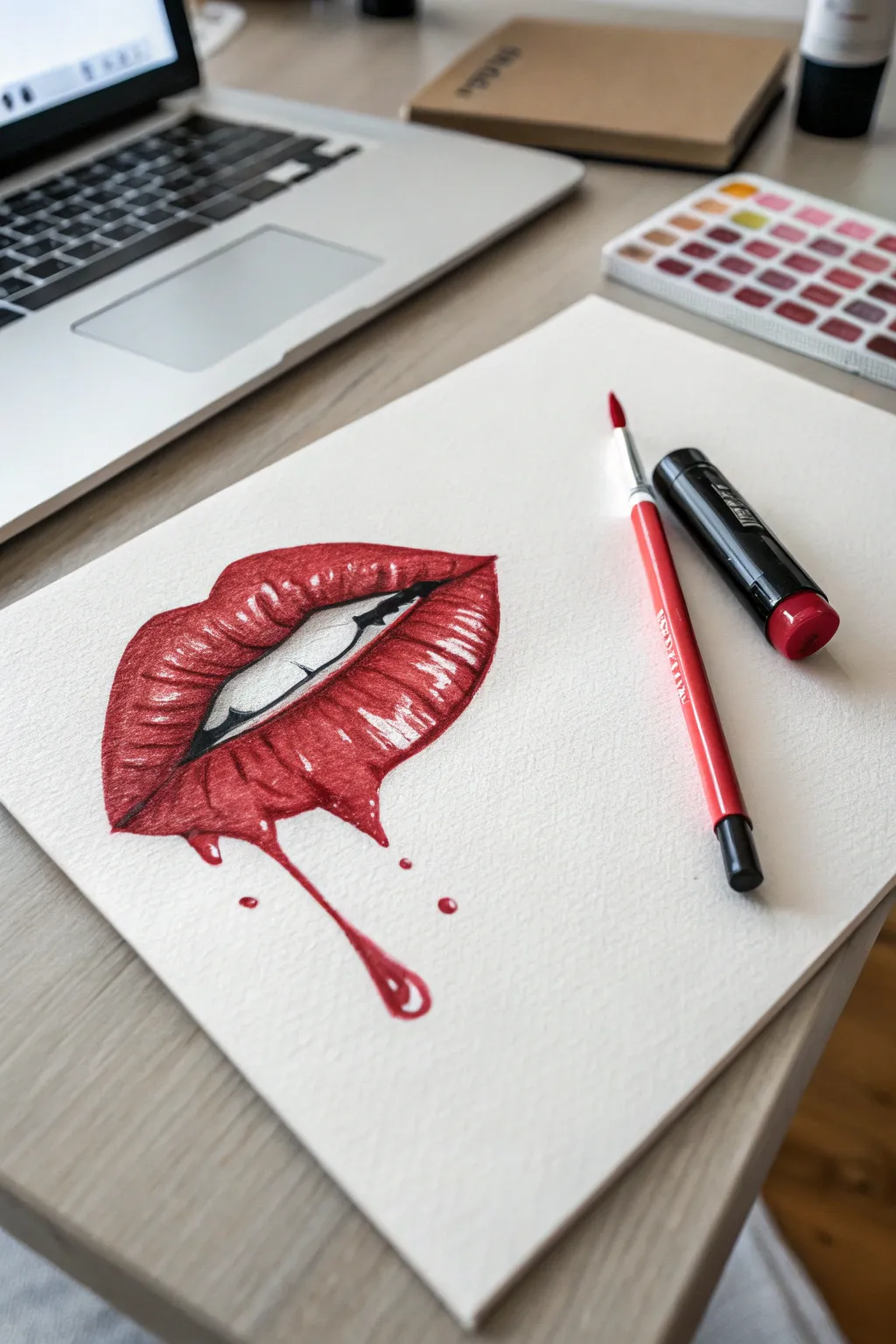 Make your art pop with this bold, glossy red lip drawing featuring stylish drips.