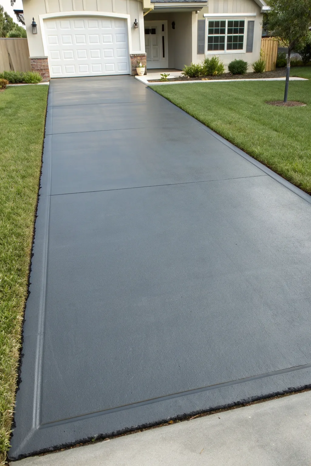 Deep charcoal driveway paint delivers sleek modern curb appeal with crisp, clean edges.