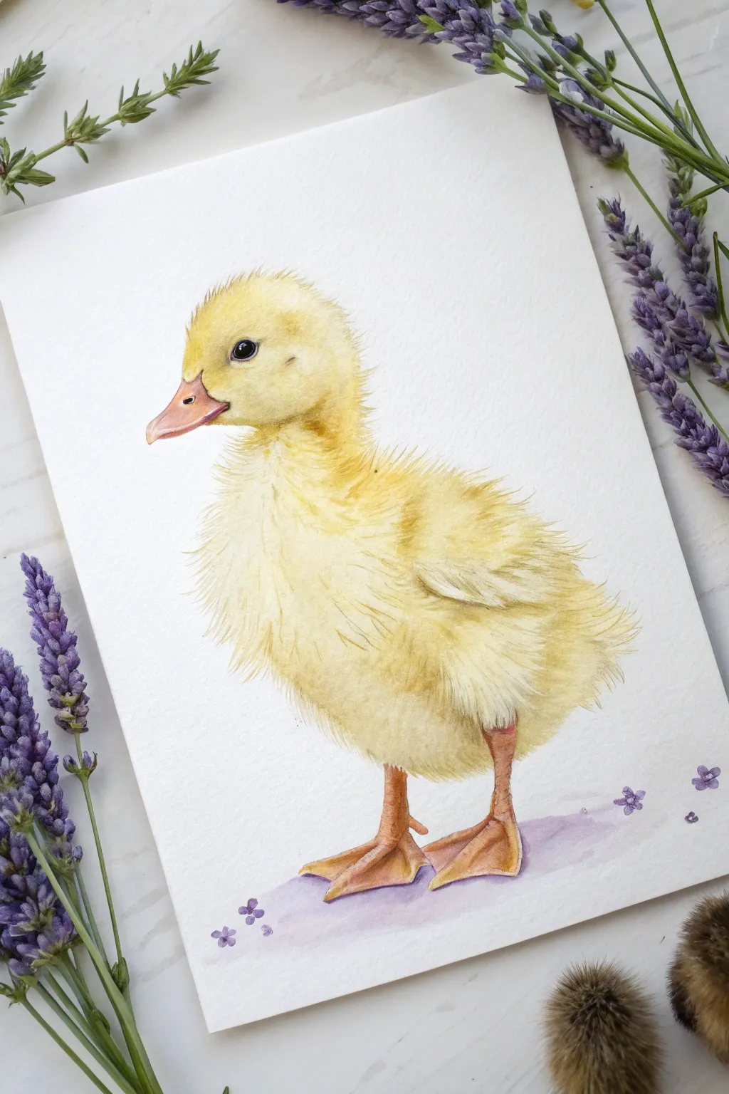 Loose watercolor duckling in soft washes, minimal white space and a gentle shadow.