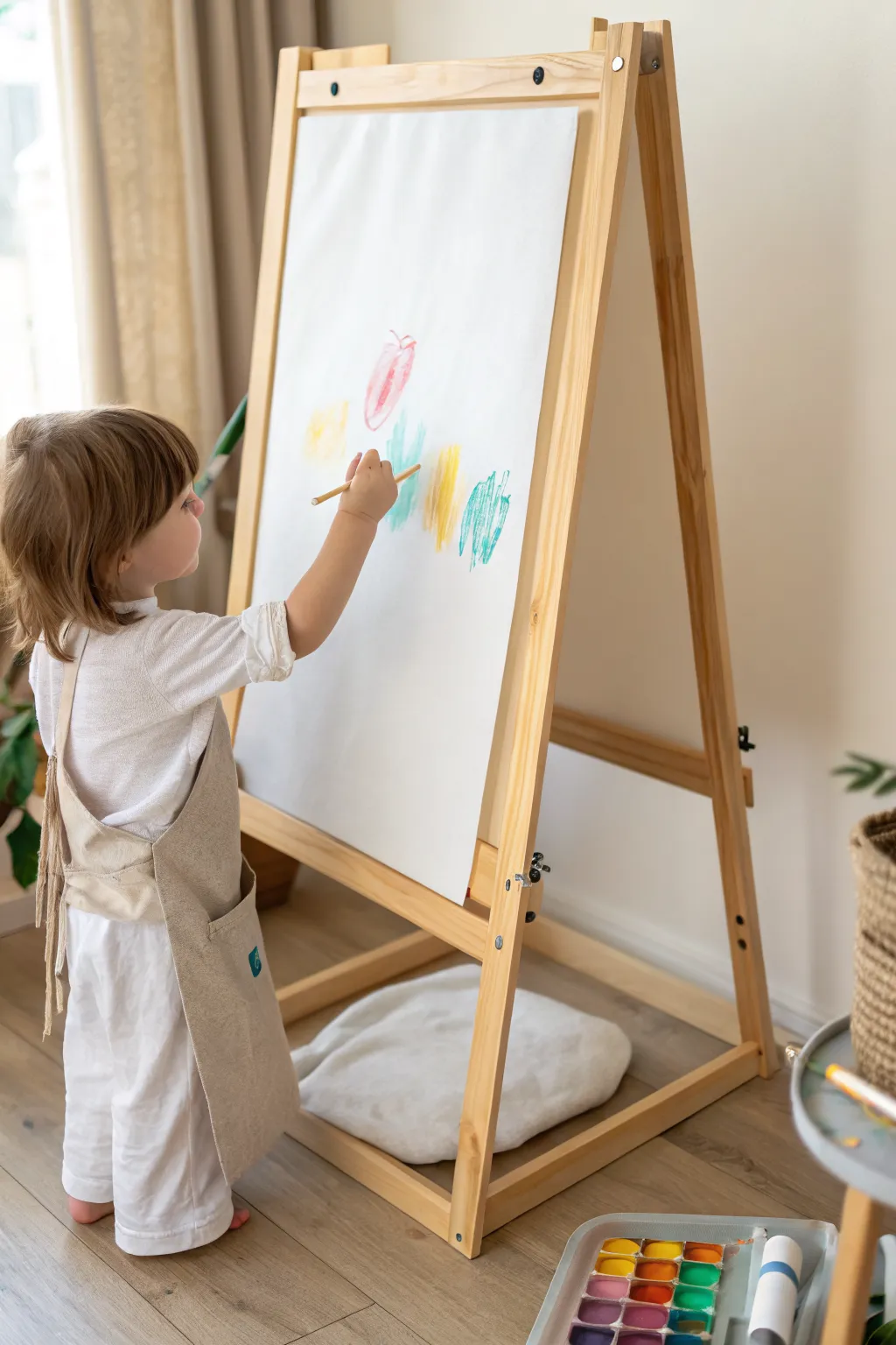Finger painting on a vertical easel with bright swirls and a simple, preschool-friendly setup