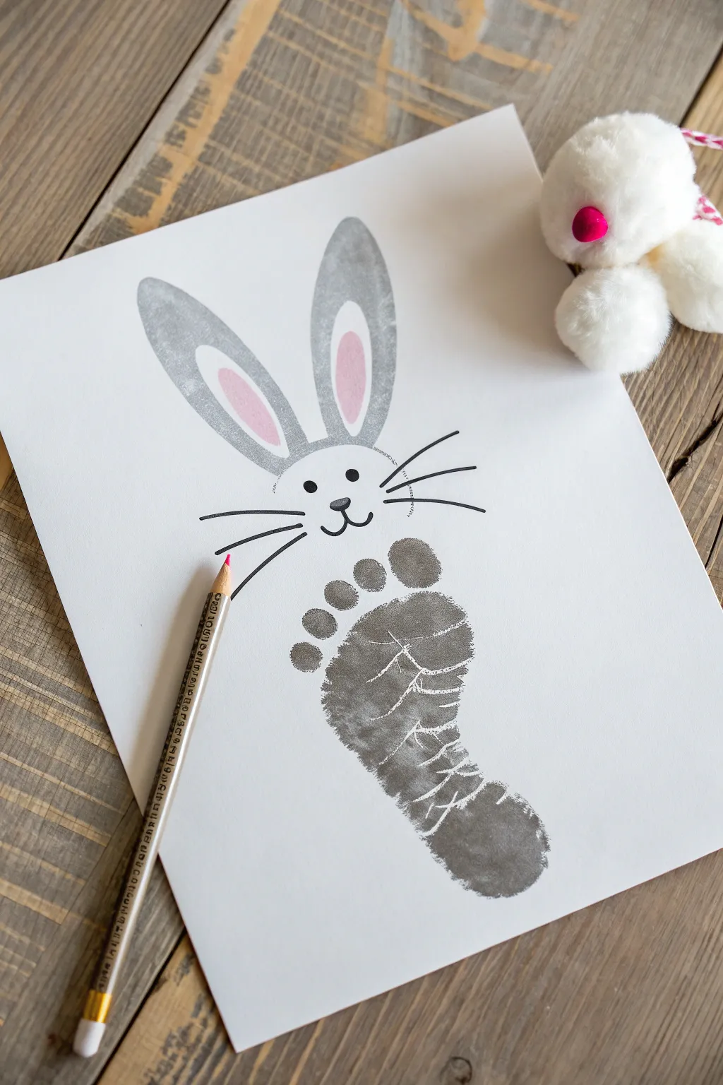 Classic bunny footprint keepsake: minimalist baby print art with a fluffy tail, ready for name and date