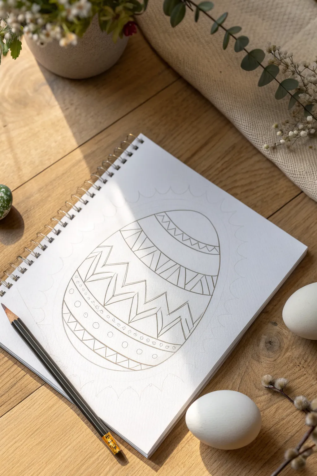 Simple pencil egg outline with curved guide arcs for wrapping patterns around Easter eggs