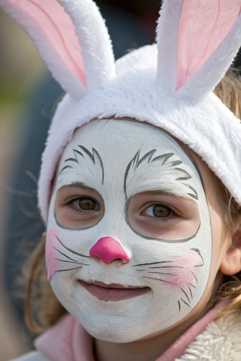 Classic full-face Easter bunny mask with soft shading, pink nose and whiskers, Pinterest-ready