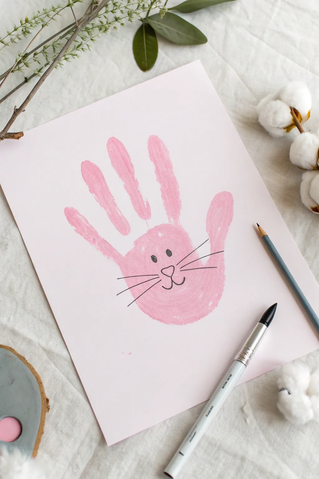 Classic handprint Easter bunny on pastel cardstock in soft spring tones, a cozy minimalist keepsake.