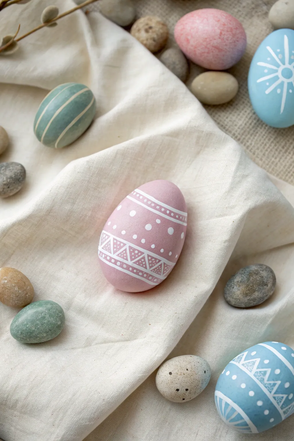 Classic pastel Easter egg rock with simple dots and stripes in a calm minimalist layout