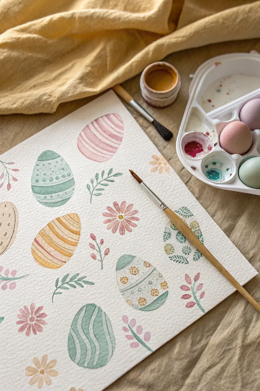 Paint soft pastel patterned Easter eggs in watercolor on one clean sheet for a modern spring look.