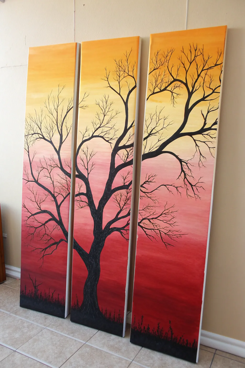 Minimalist triptych sunset ombre with a bold tree silhouette, an easy 3-panel painting idea