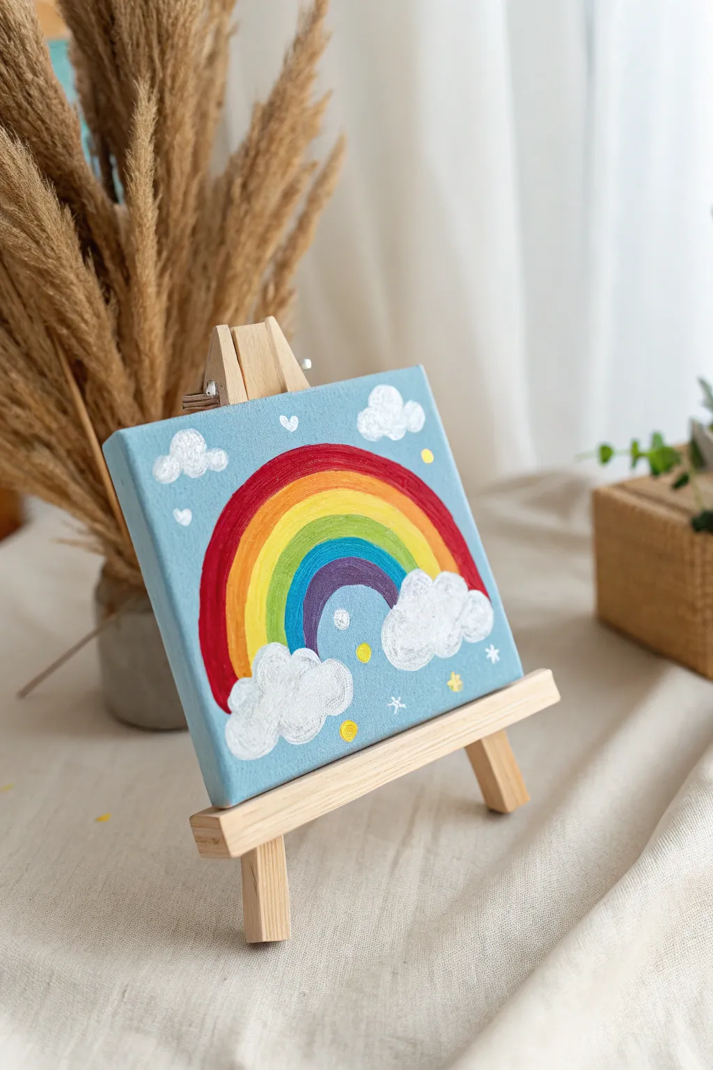 Rainbow sky acrylic on a small canvas with sponge clouds, bright colors, and clean minimalist styling