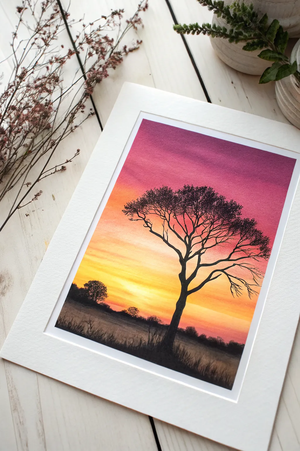 Easy airbrush sunset gradient with a bold tree silhouette, minimal and calming with strong contrast