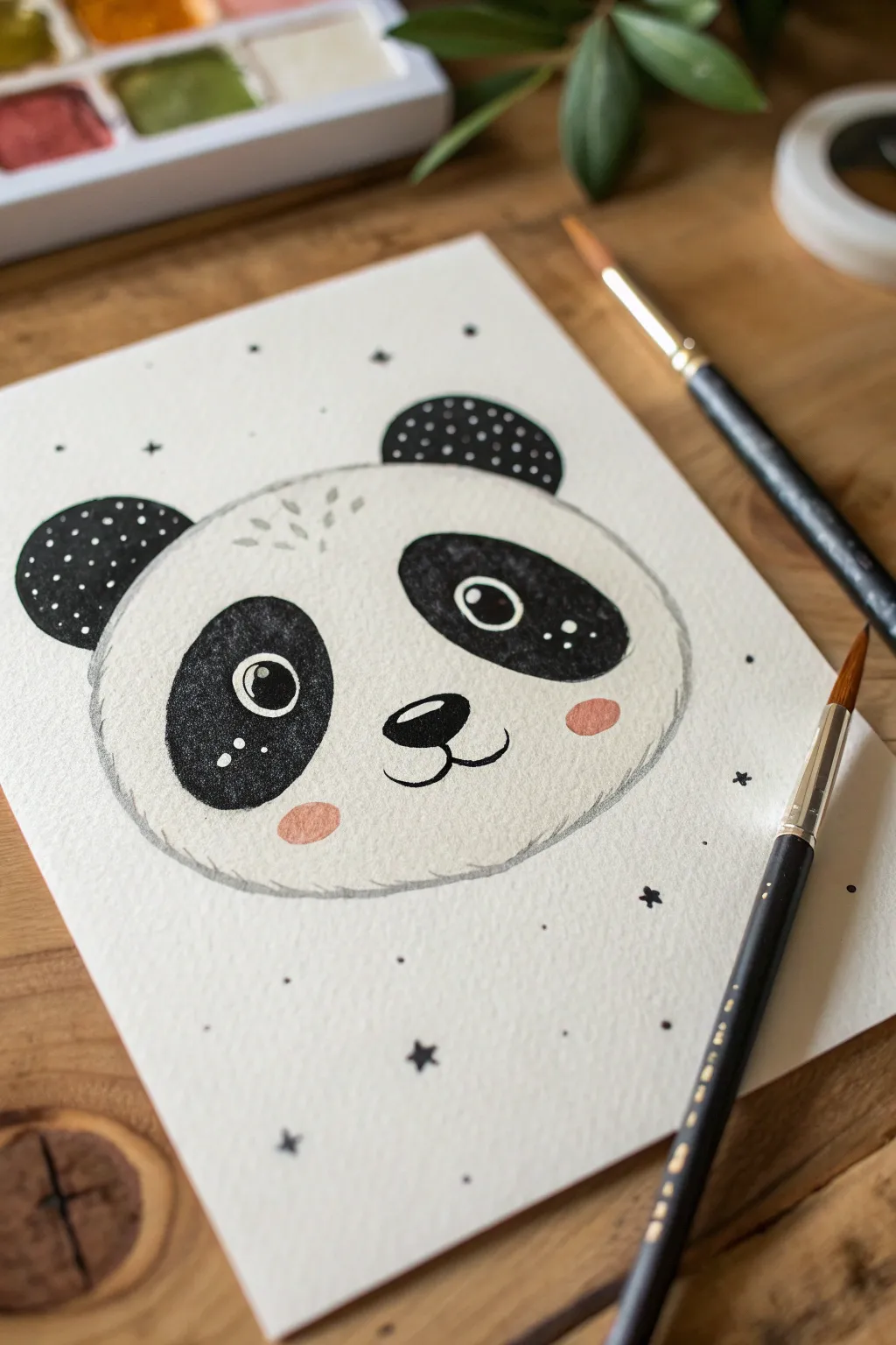 Super-cute panda face painting with big sparkly eyes, minimal shapes, and high-contrast charm