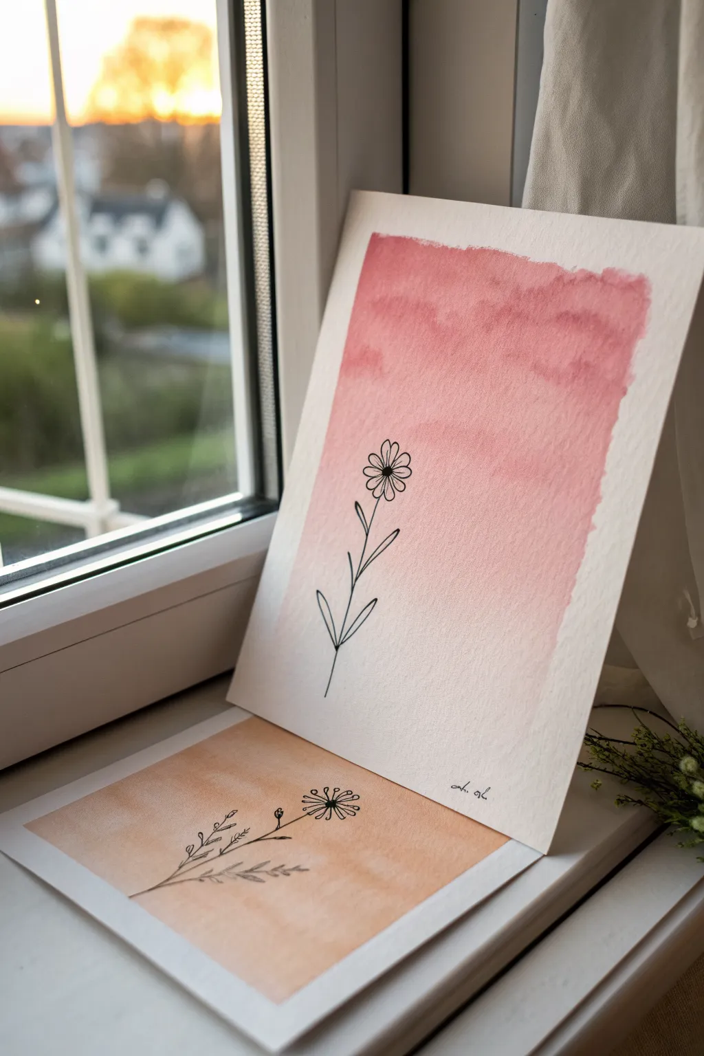 Soft gradient wash background with a tiny centered line sketch, minimal and calming for easy art ideas.