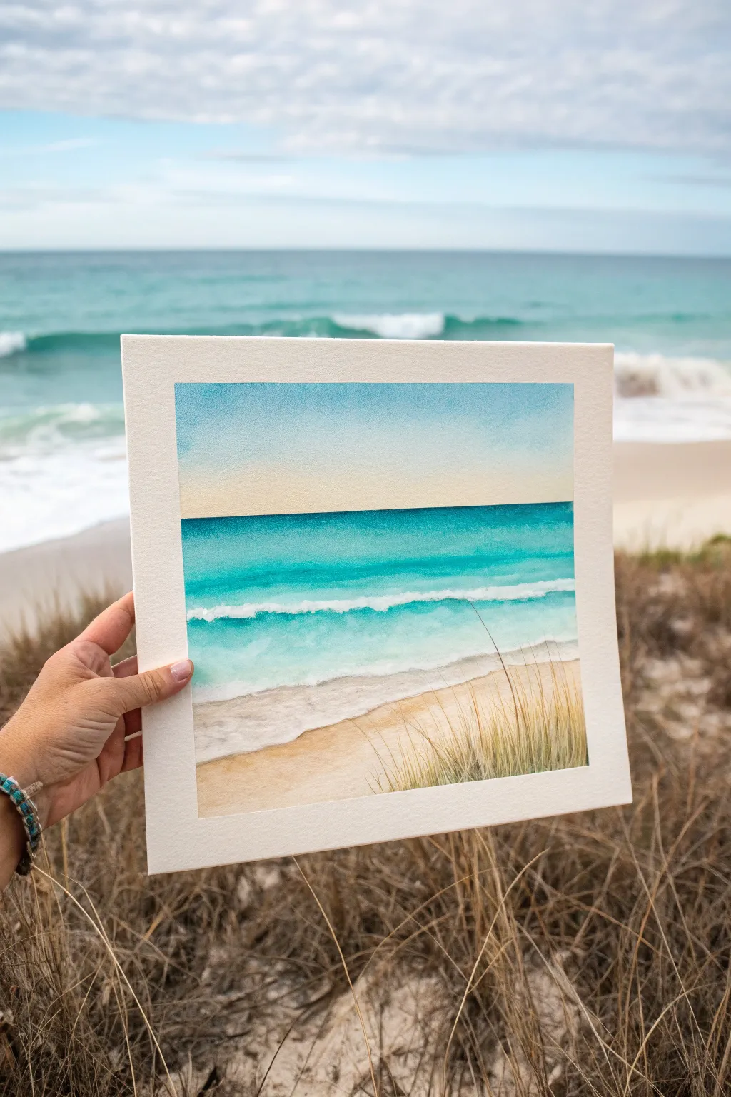 Minimal three-band beach horizon with crisp linework and soft white waves, calm and chic