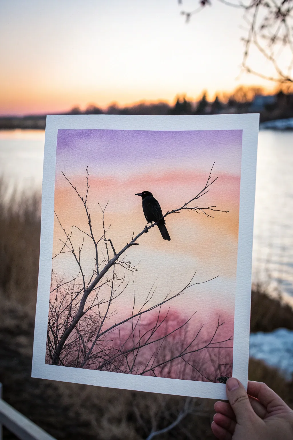 Paint a bold bird silhouette on a sunset wash for an easy, modern minimalist watercolor.