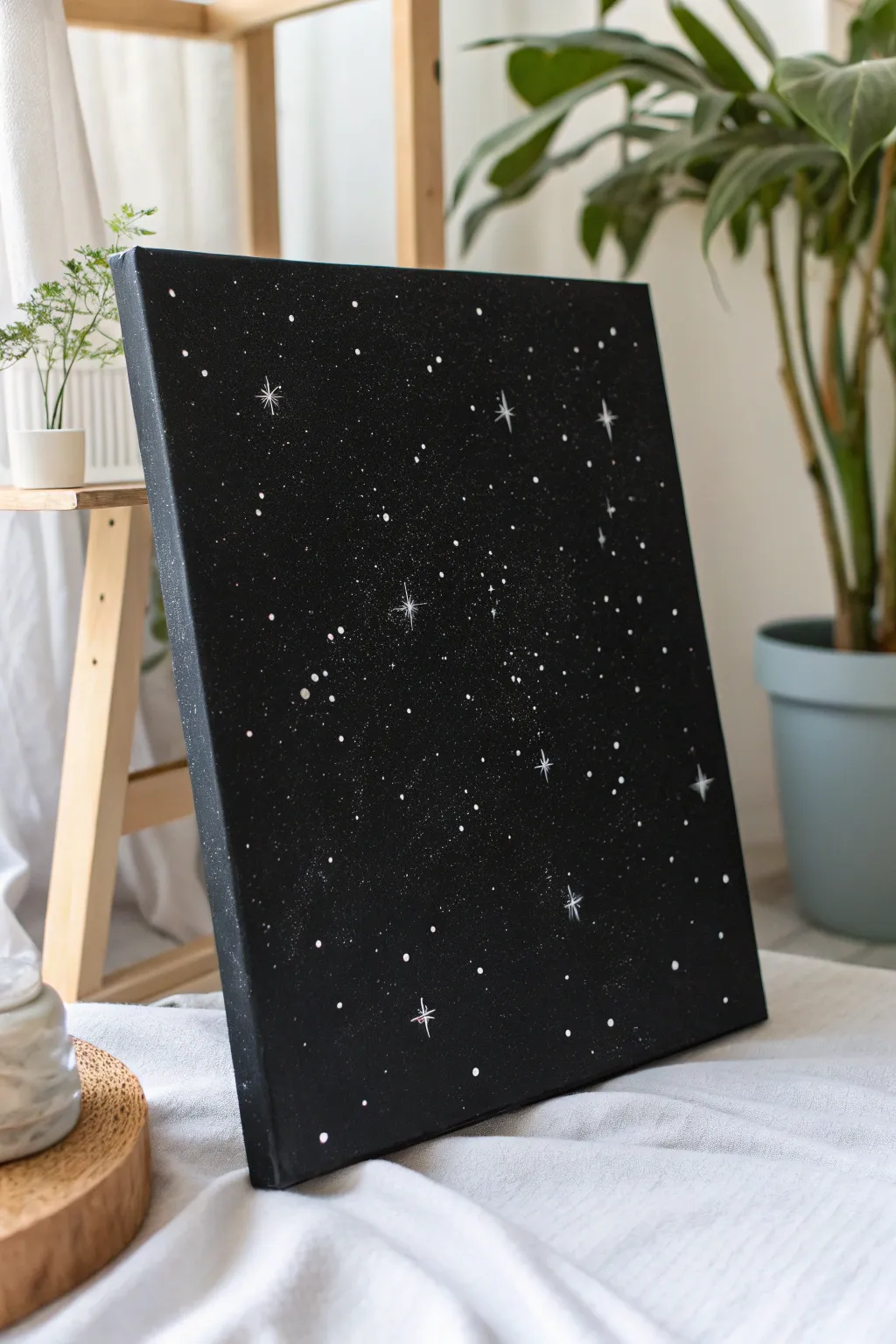 Minimal starry night on black canvas with crisp white twinkles and calming negative space.