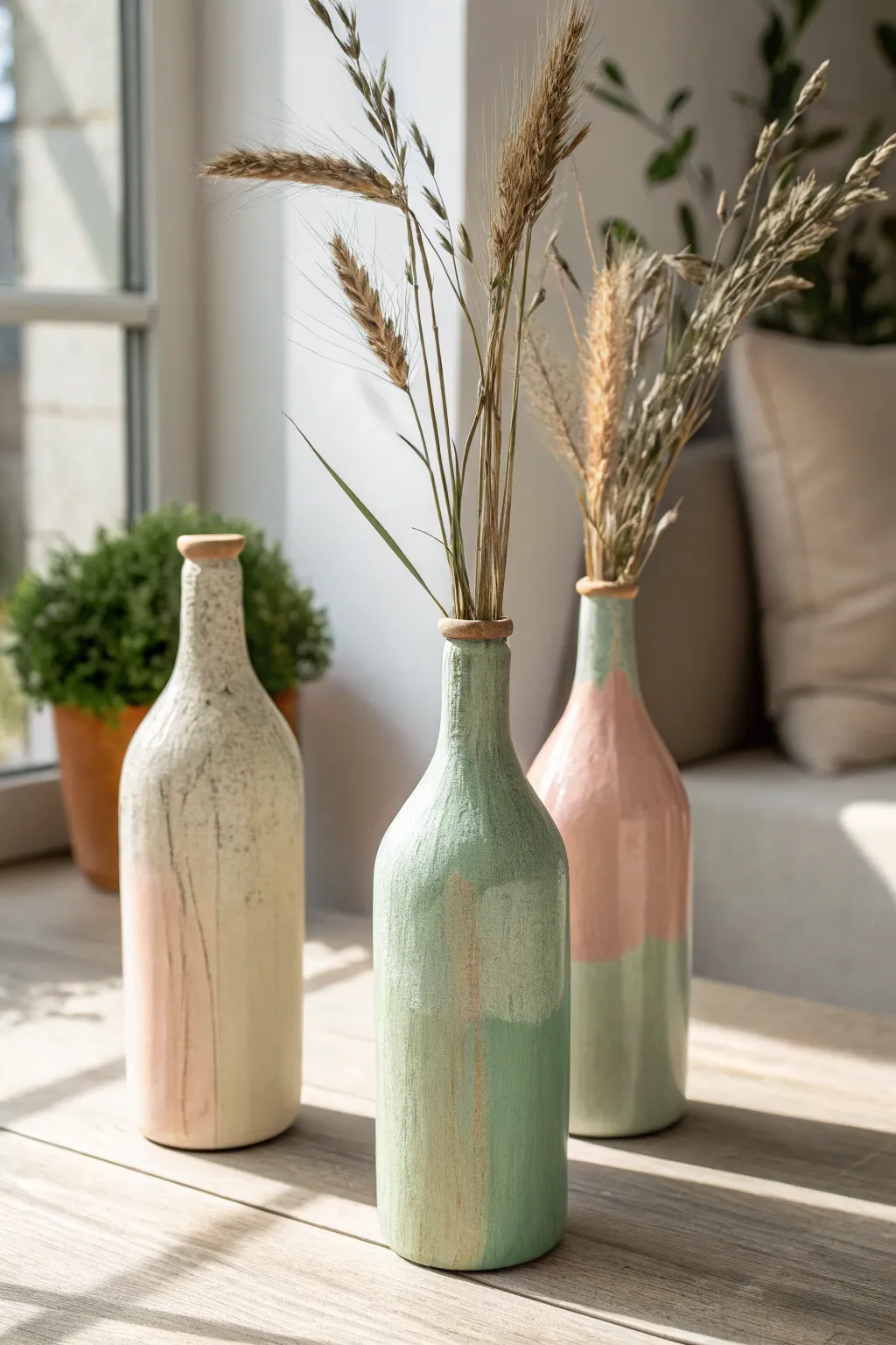 Classic matte-painted bottle vases in soft solids, bright light, clean Nordic-boho calm