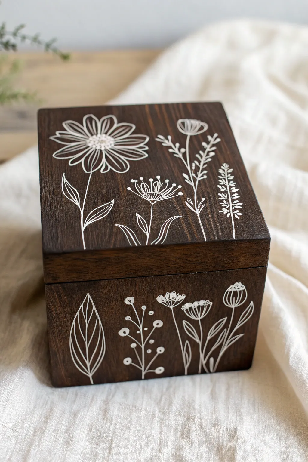 Transform a plain dark wooden box into a chic boho keepsake with simple white floral doodles.