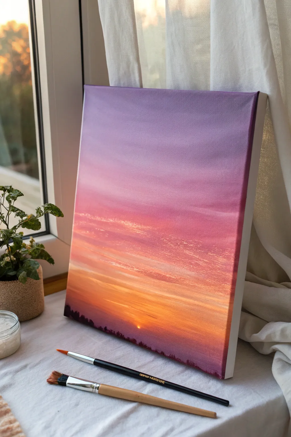 Sunset gradient sky made simple: smooth orange to pink to purple blend on a clean canvas.