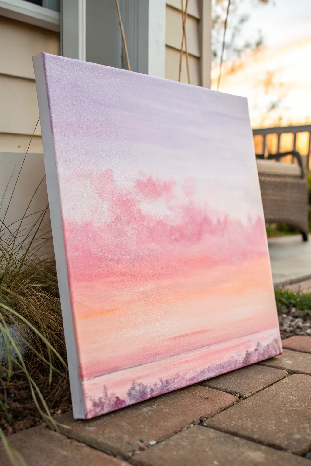 Minimal cotton-candy pink sunset gradient canvas with soft clouds and a calm horizon line