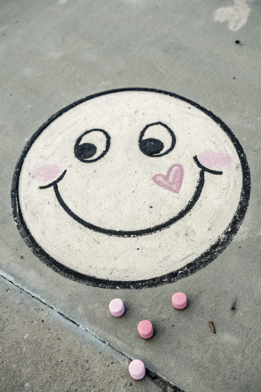 Chunky-outlined chalk smiley with rosy cheeks and a few easy expression variations.