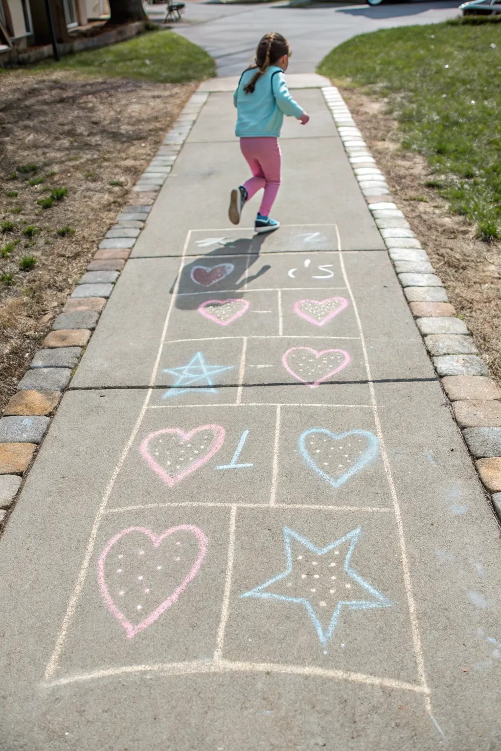 Classic hopscotch made with hearts, circles, and stars for a playful chalk drawing kids love
