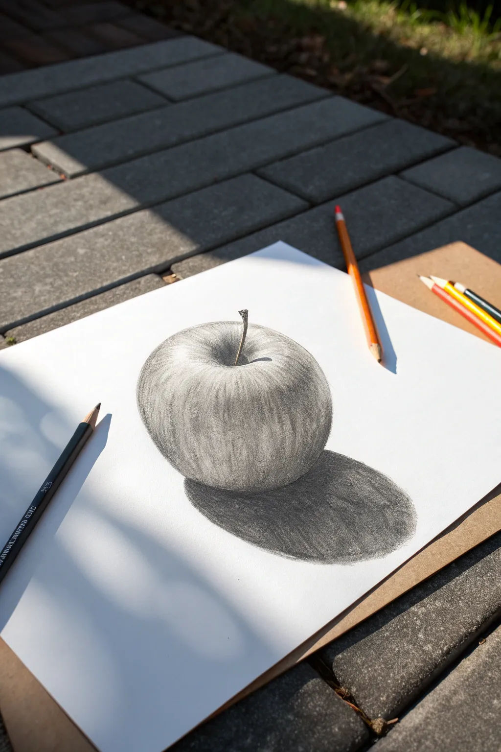 Charcoal shaded sphere as an apple with crisp highlight and deep shadow for easy practice
