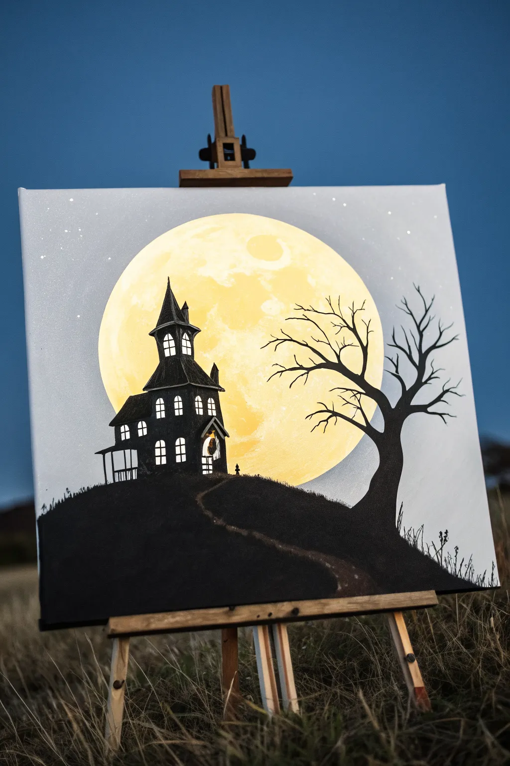 Easy creepy acrylic idea: a crooked haunted house silhouette against a glowing moon