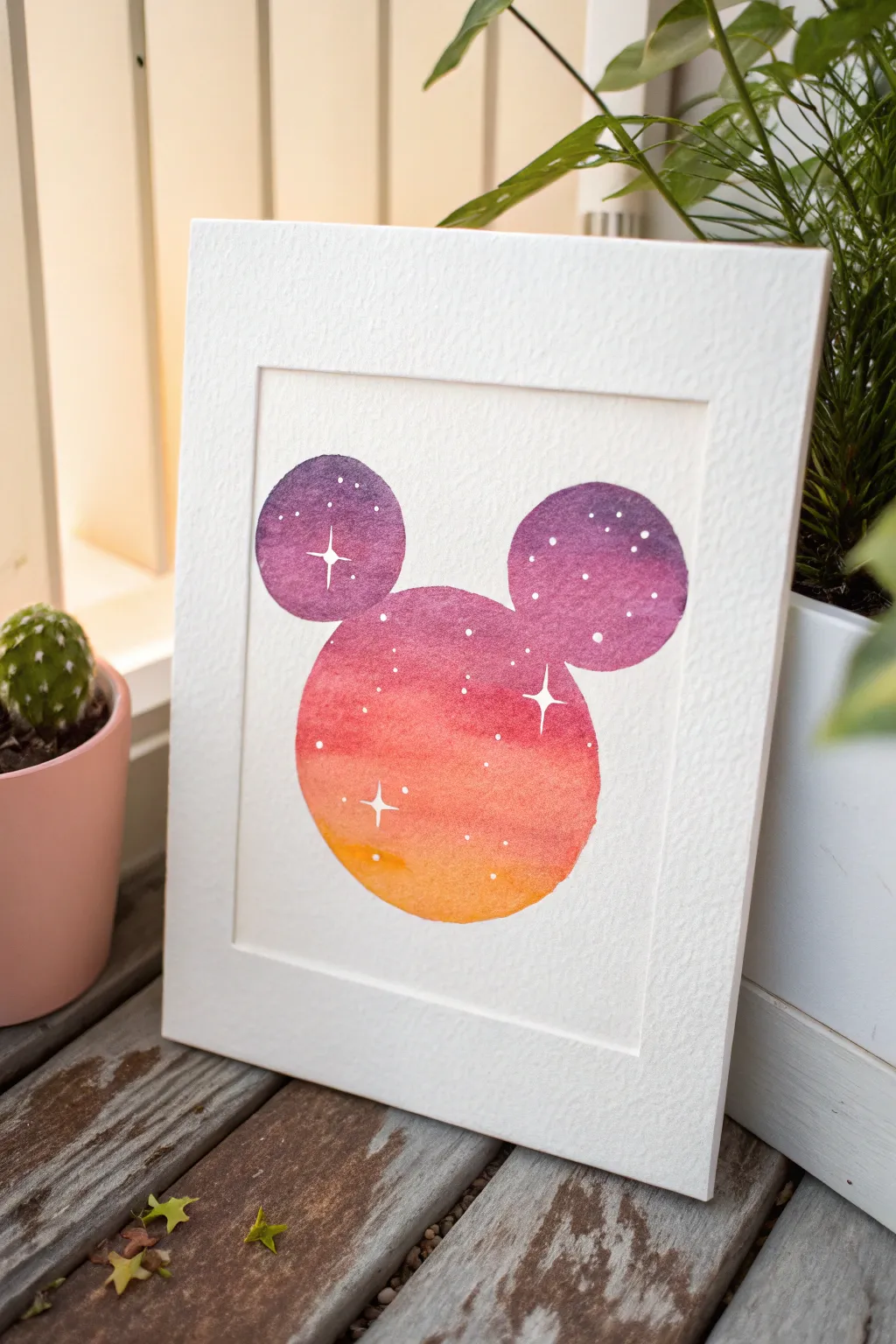 Minimal three-circle mouse-ear silhouette with a dreamy sunset ombré and subtle sparkles