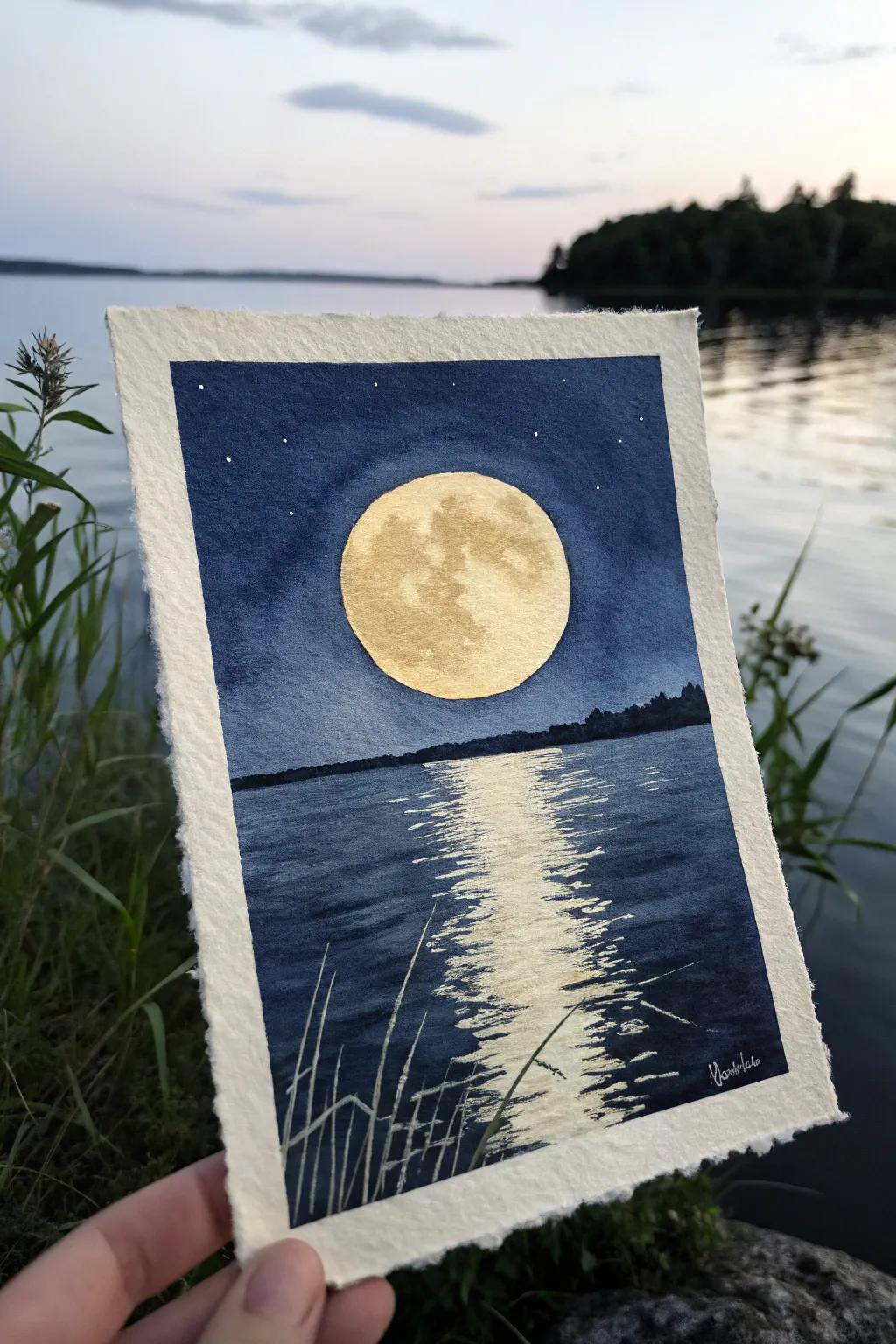 Minimal dark moonlit lake painting idea with a glowing full moon and simple reflection