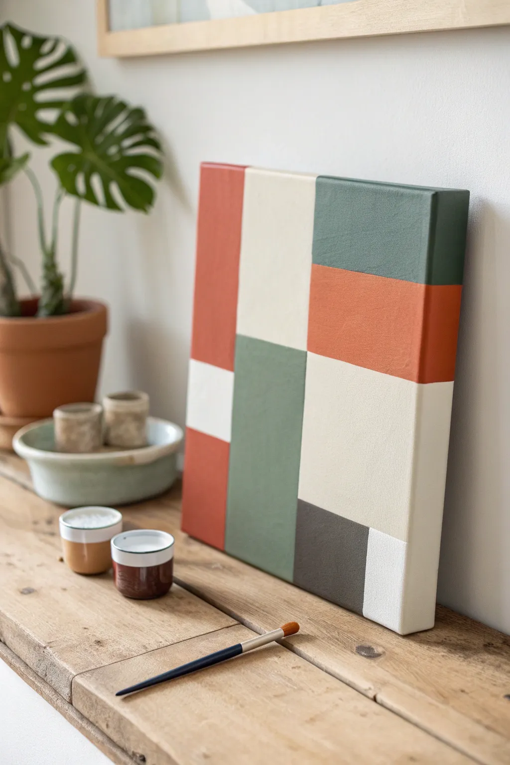 Abstract color-block canvas DIY: crisp edges, modern hues, and an airy Scandinavian tabletop setup