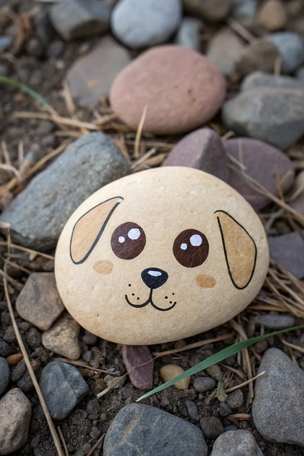Simple puppy face rock with big eyes in a clean minimalist palette, perfect for easy painting