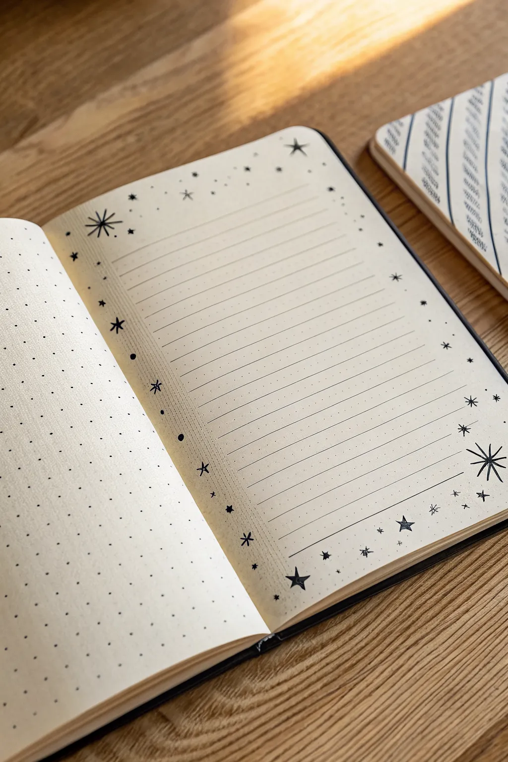 Tiny stars and sparkles in a clean notebook margin, an easy doodle idea for class boredom.