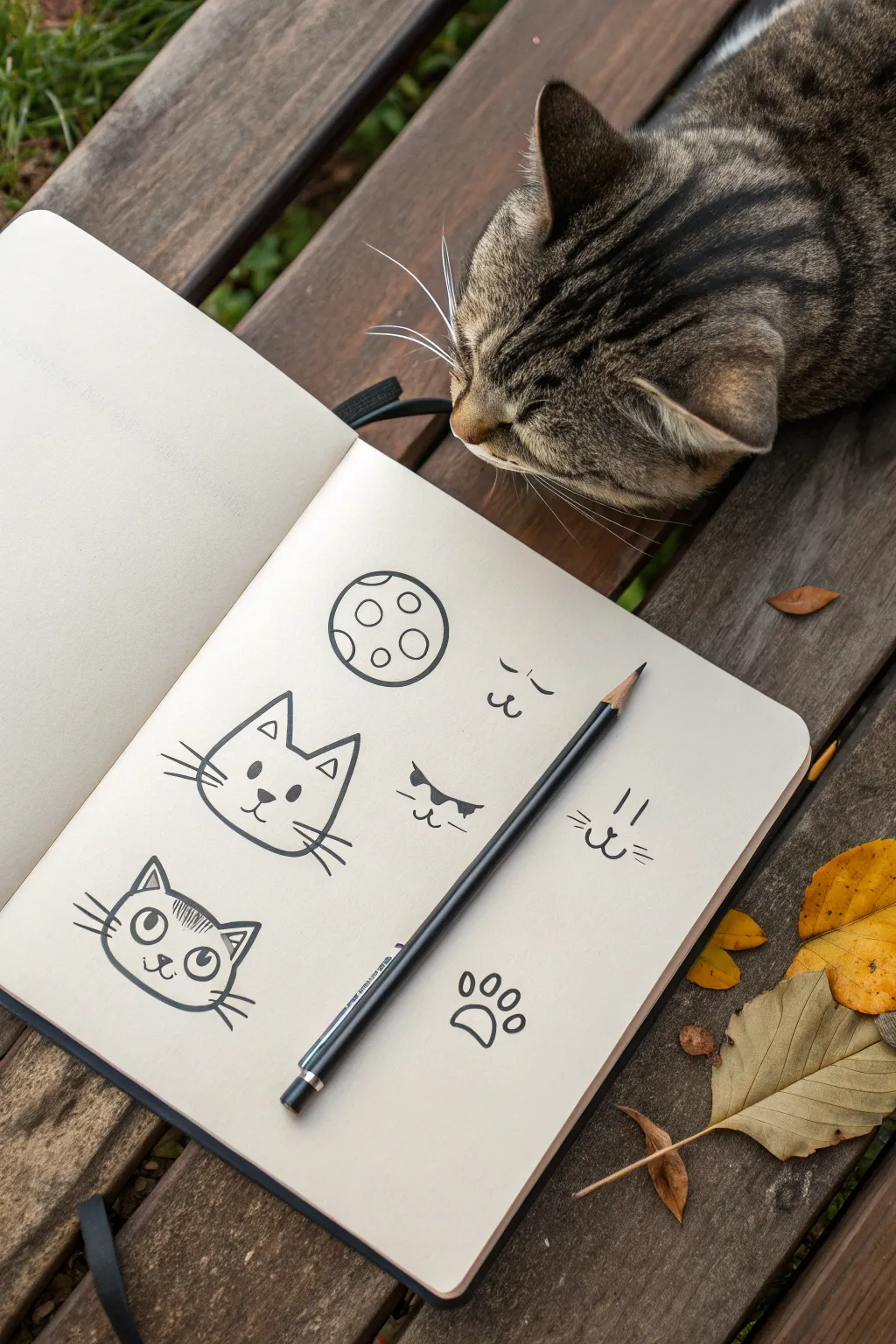 Simple cat face doodles in a sketchbook, easy variations kids can copy in minutes.