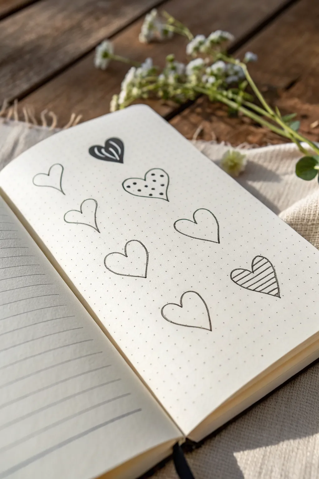 Five easy heart outline variations in a clean sketchbook strip for simple doodle practice