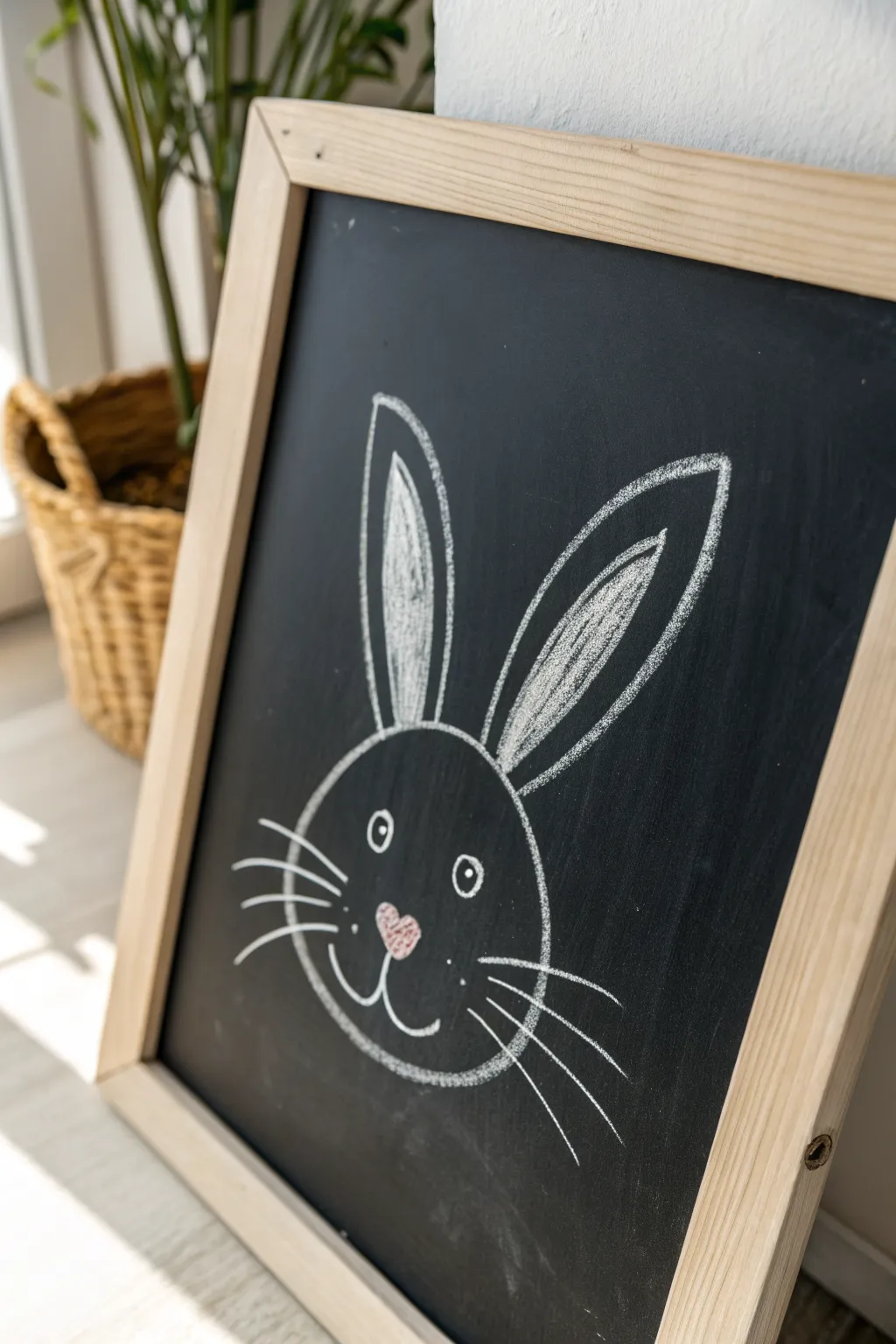 Minimal Easter bunny chalk outline for an easy, calming spring chalkboard art idea.