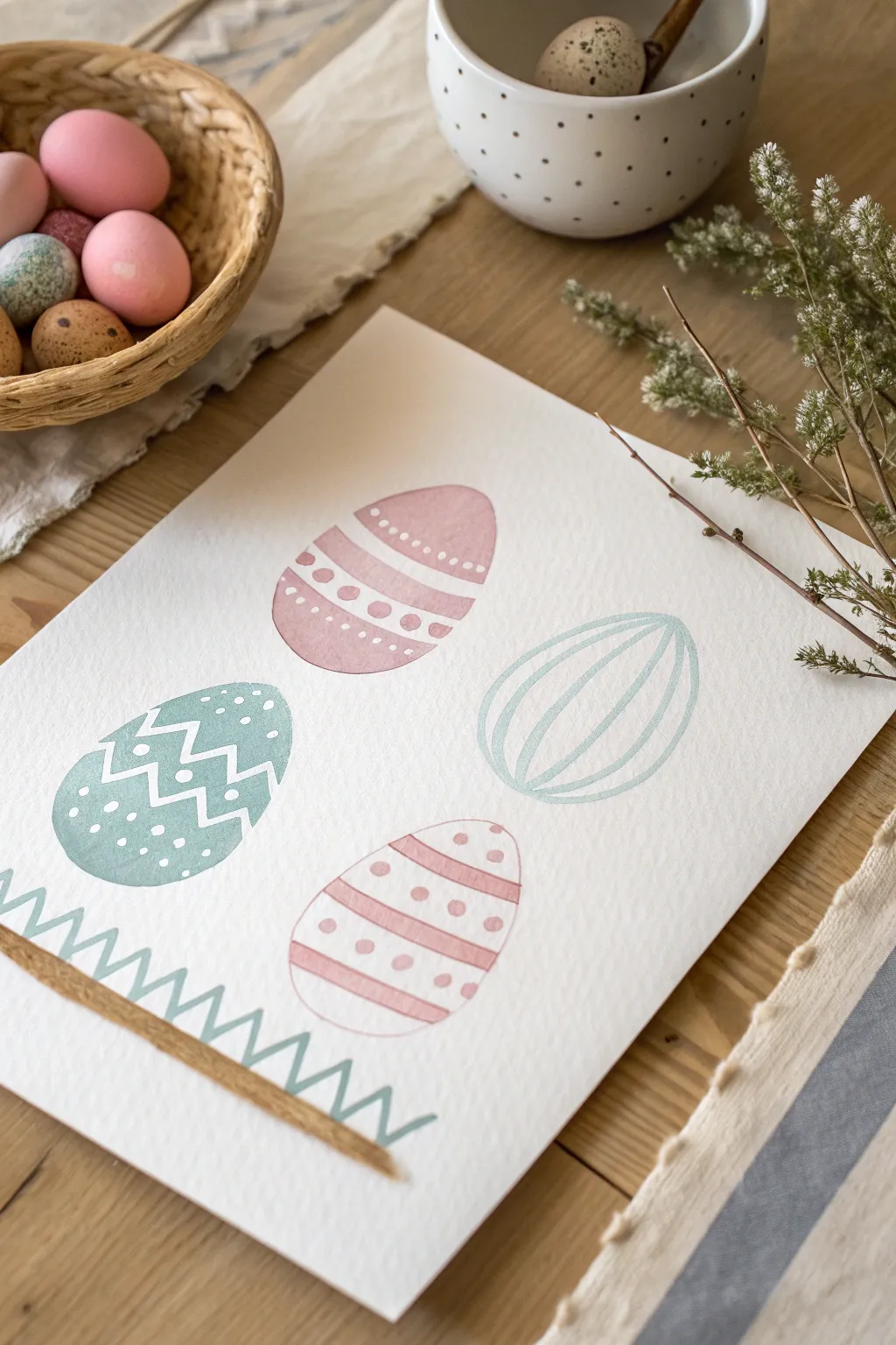Classic pastel patterned Easter eggs on paper, minimalist Scandinavian style with a boho touch