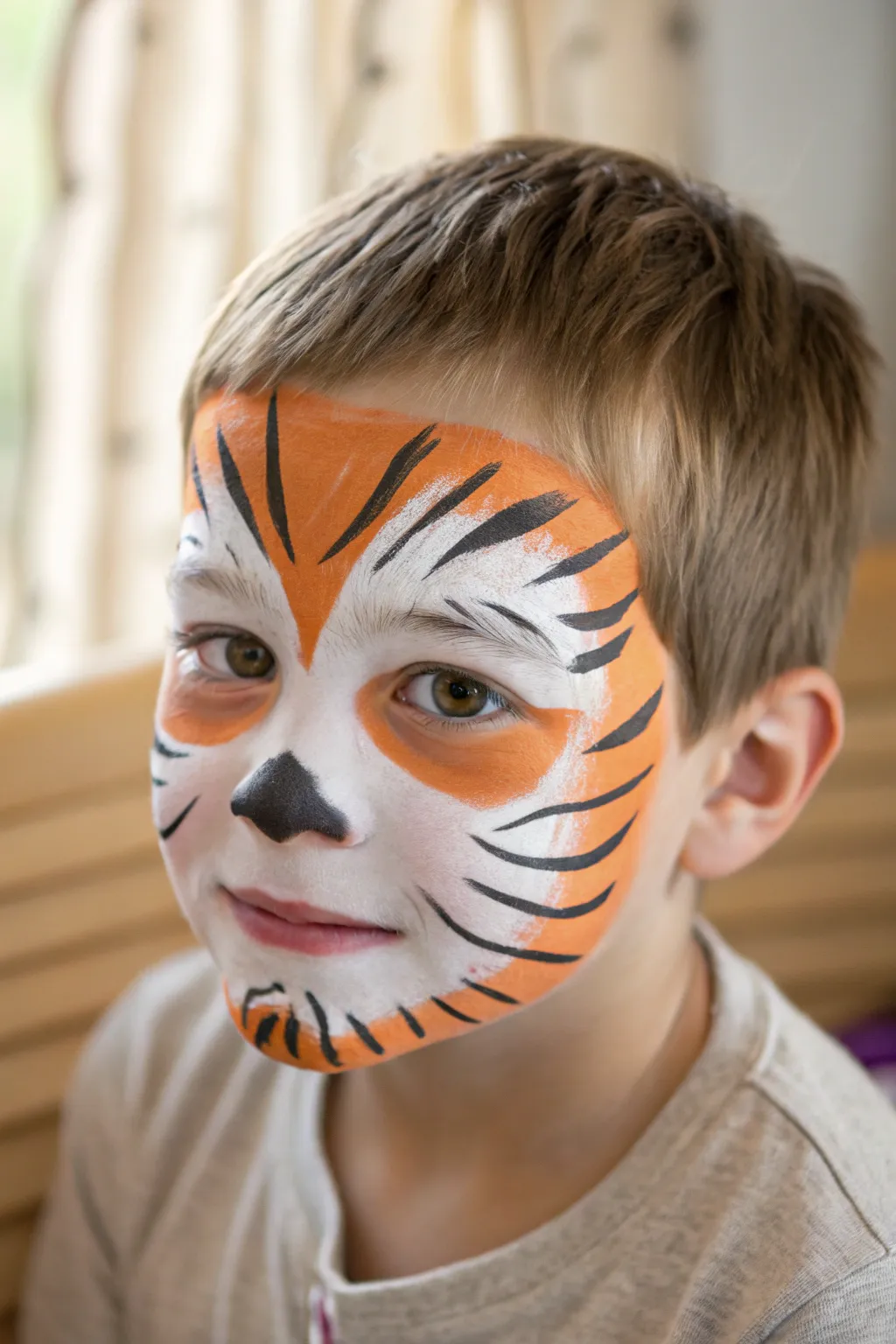 Classic tiger stripes face paint, crisp black lines on warm orange for an easy bold look.