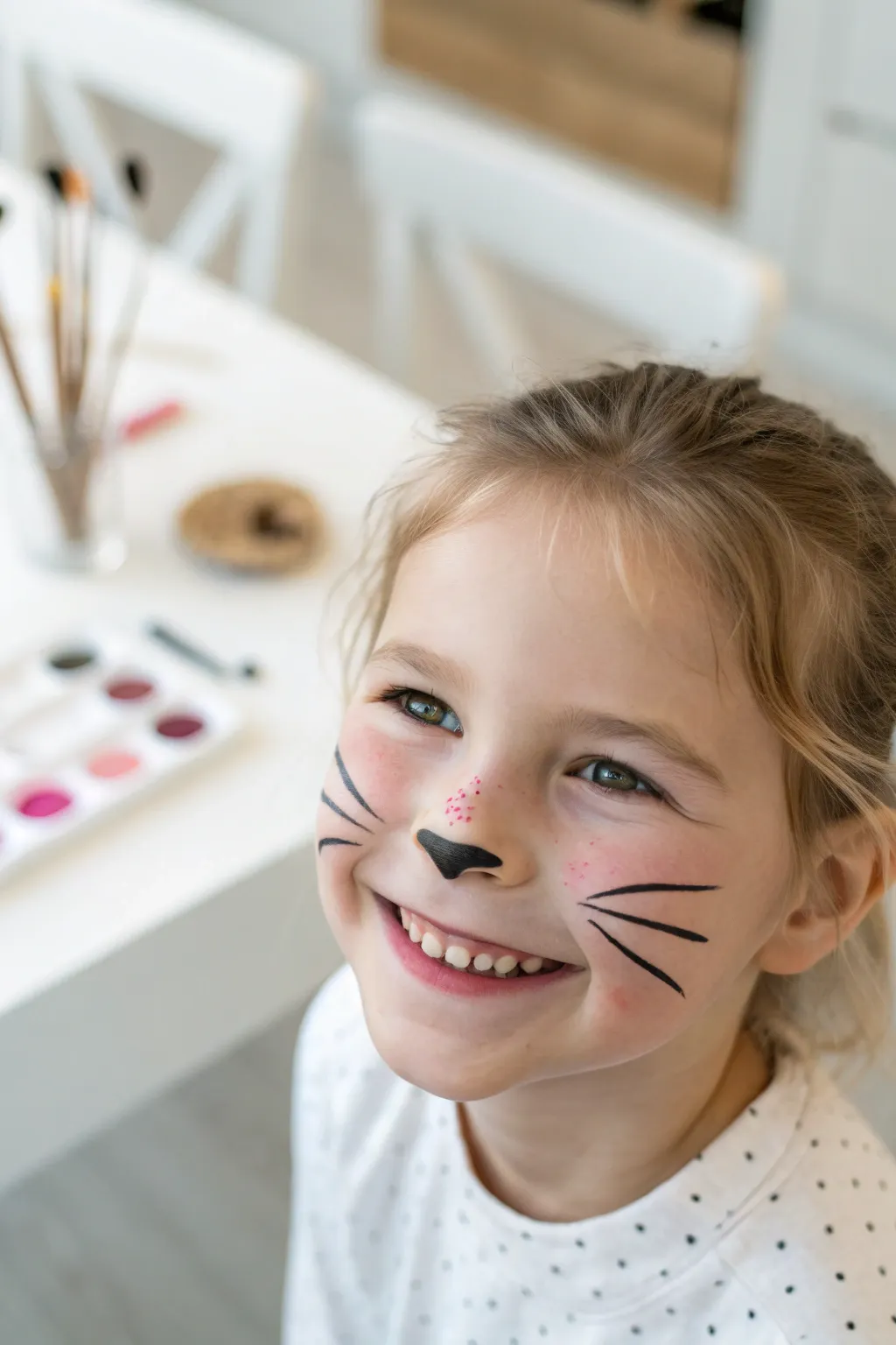 Simple cat whiskers and nose face paint, clean and minimal for an easy kids party look