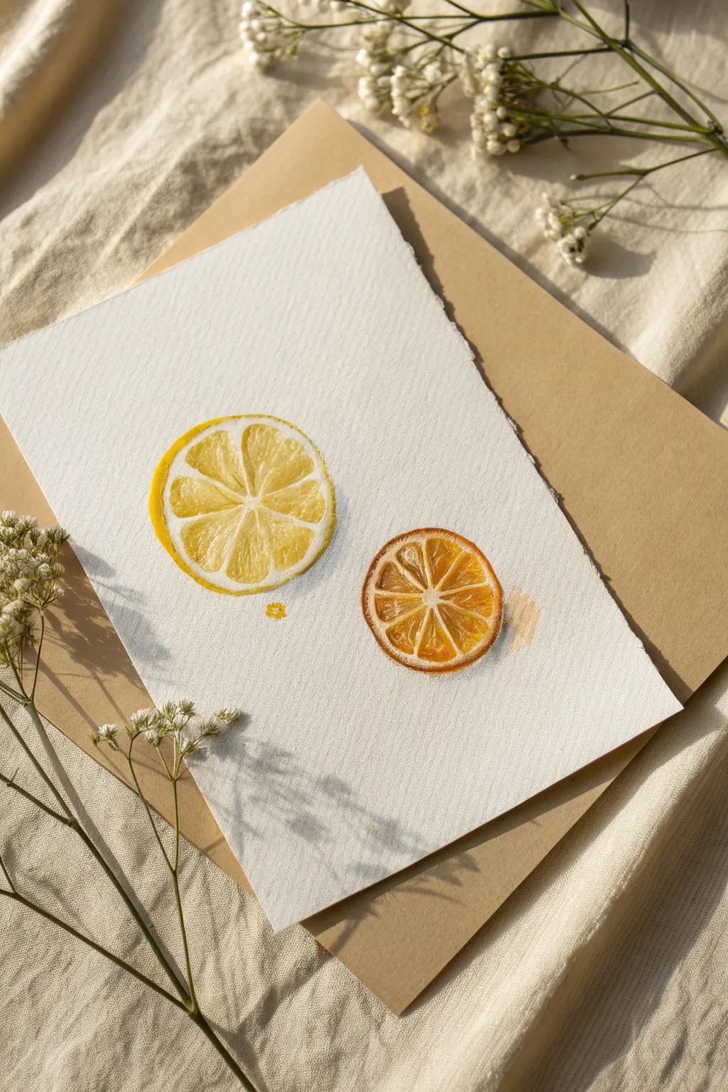 Minimal watercolor citrus circles: lemon and orange slices with soft blooms and clean wedges.