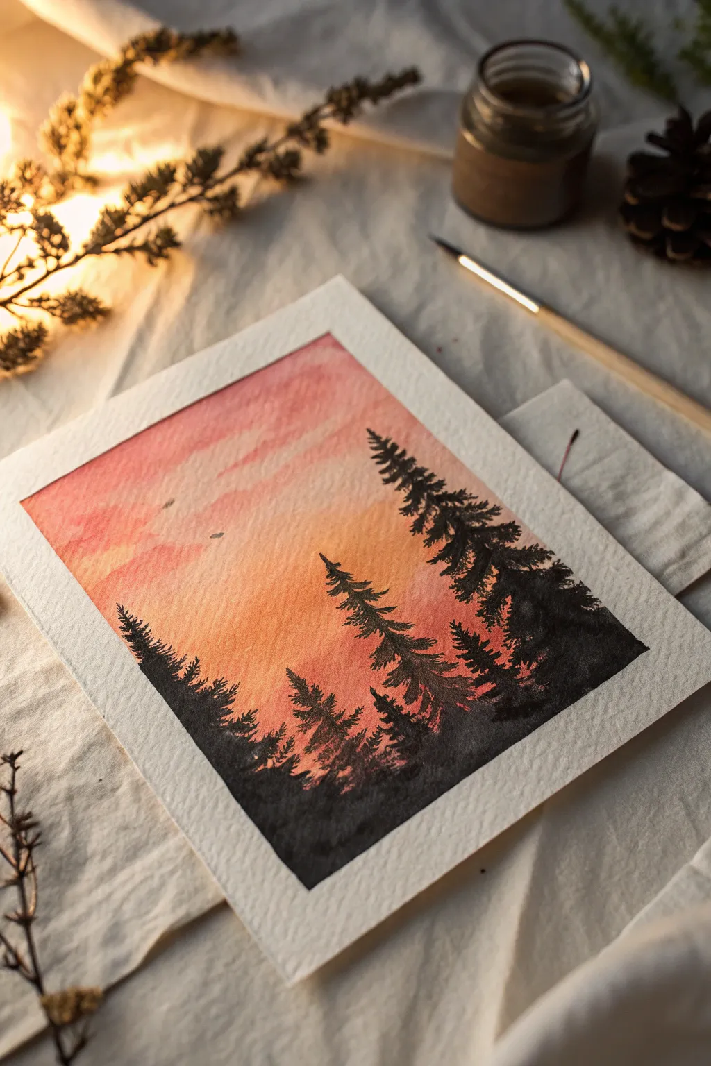 Easy sunset gradient sky with crisp black silhouettes, a calming golden-hour painting idea for beginners.