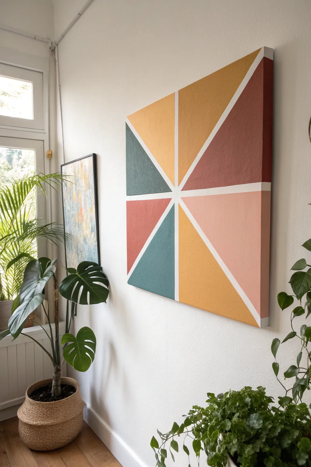 Create modern triangle color blocks with tape-resist lines for effortless minimalist wall art.