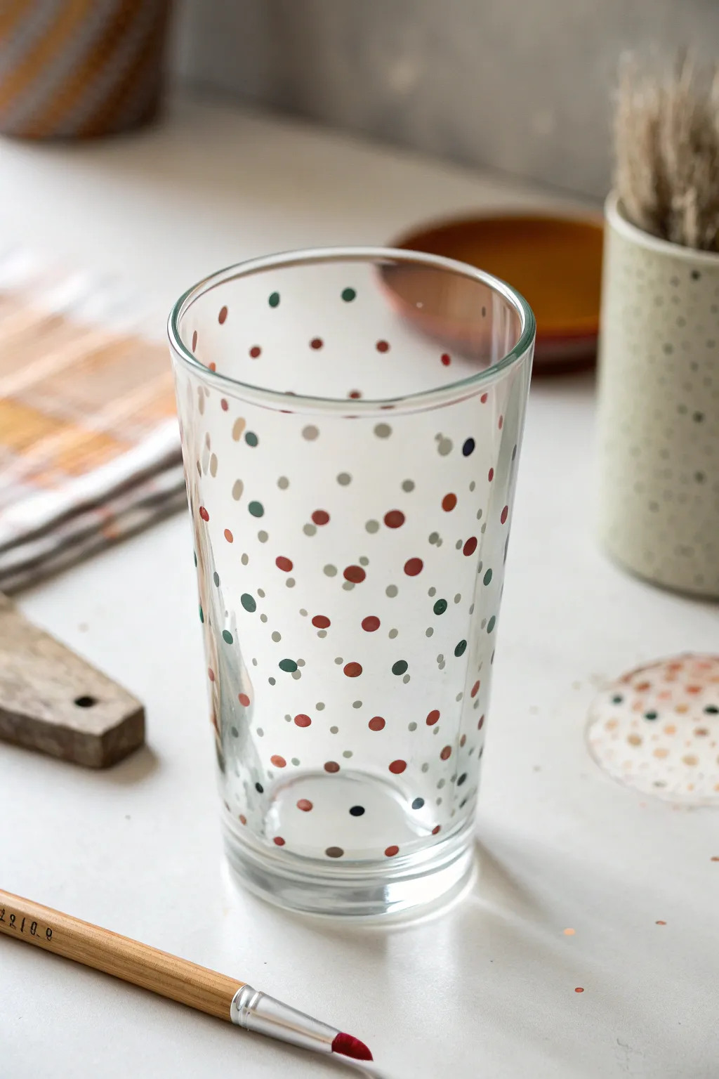 Minimalist confetti dot glass painting idea with soft boho colors and crisp contrast
