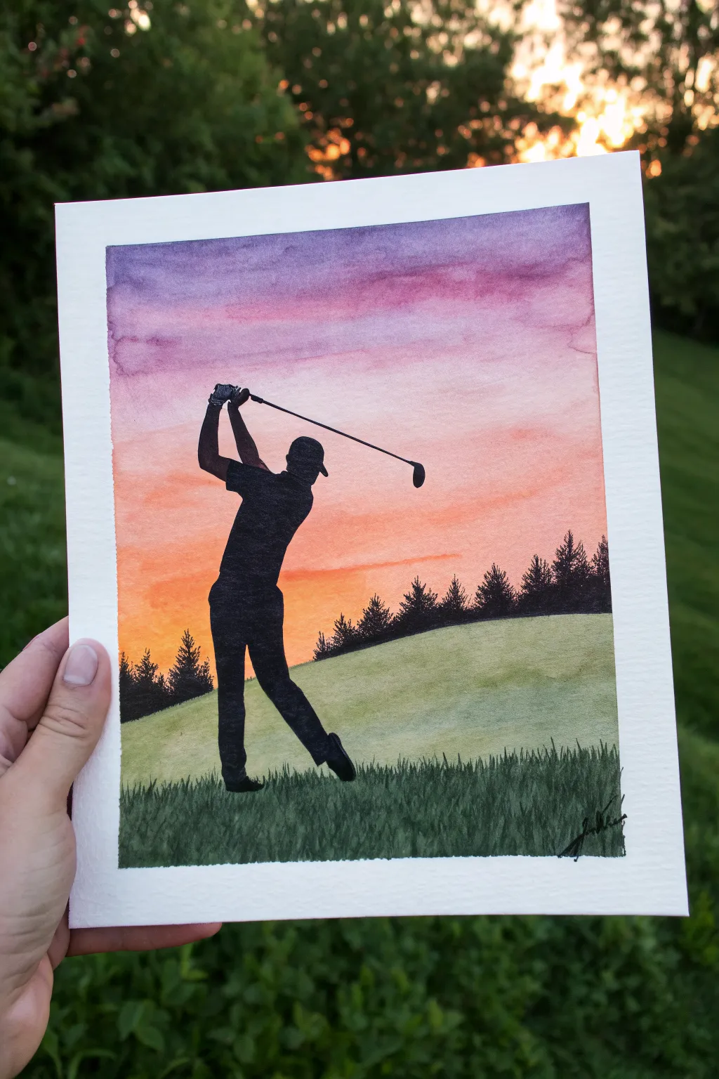 Minimalist sunset golfer silhouette swing painting idea with bold contrast and calming boho tones