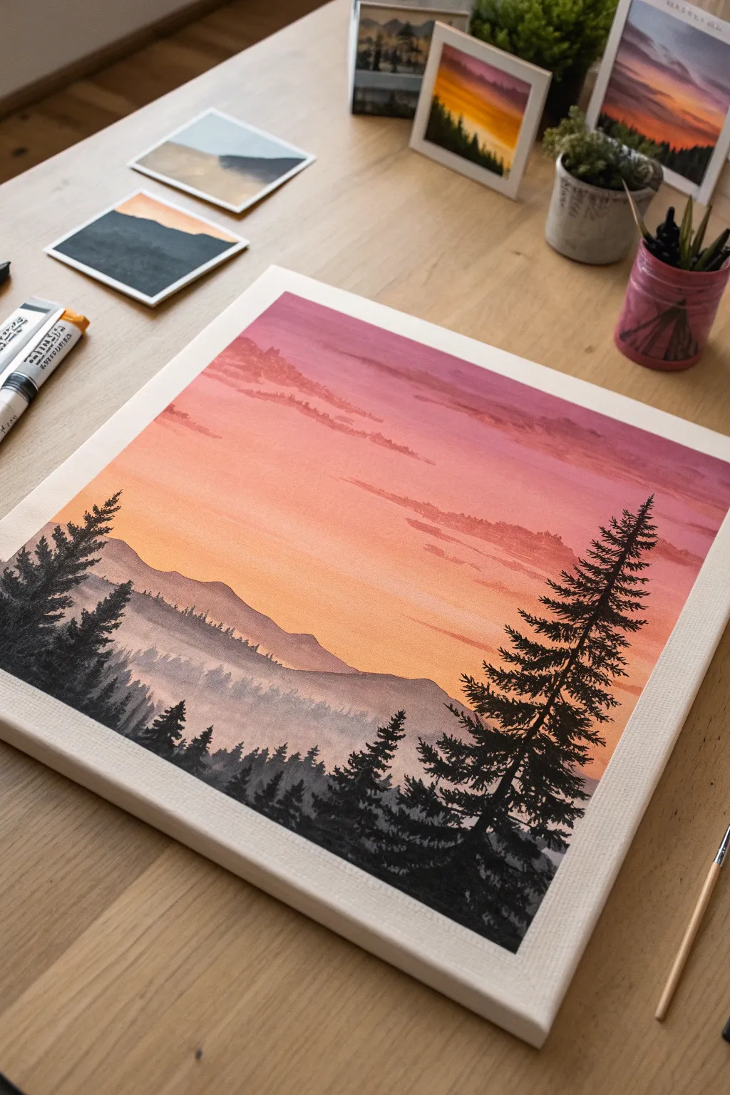 Sunset gradient silhouettes make a calming group painting project, simple and striking